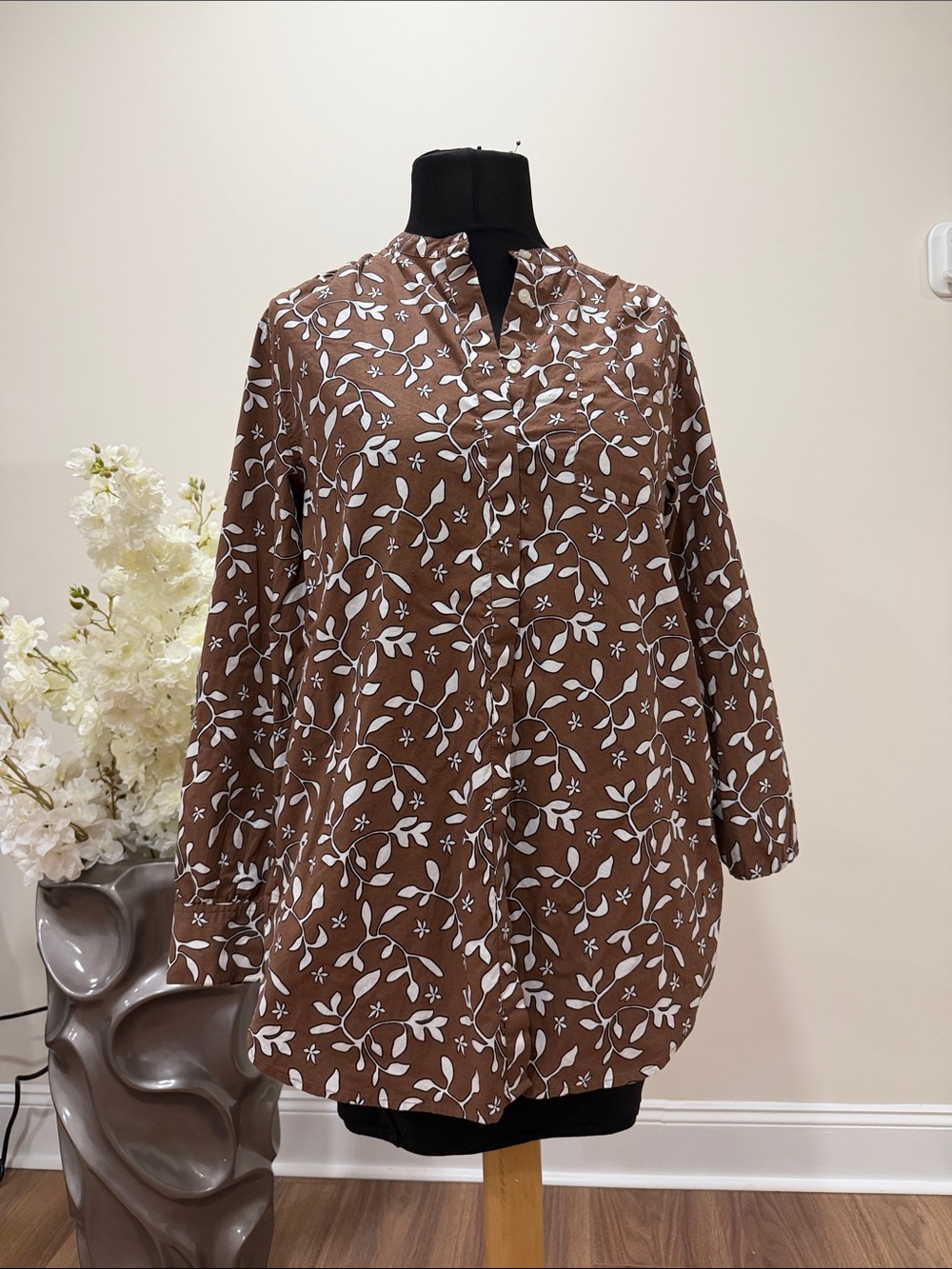 Brown Floral Button-Up Tunic Top